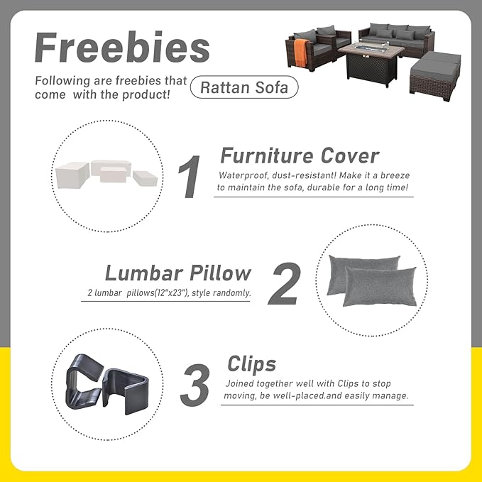6 Pieces Outdoor Furniture 60000BTU Outdoor Propane Fire Pit Wicker Patio Furniture Set 45" Steel Fire Table Anti-Slip Cushions Waterproof Covers, Dark Grey