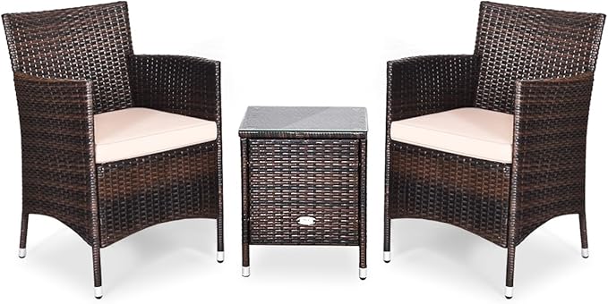 DORTALA 3 Piece PE Rattan Patio Furniture Set, Outdoor Chairs & Table Set with Tempered Glass Top & Cushions, Wicker Conversation Set for Garden Backyard, Beige