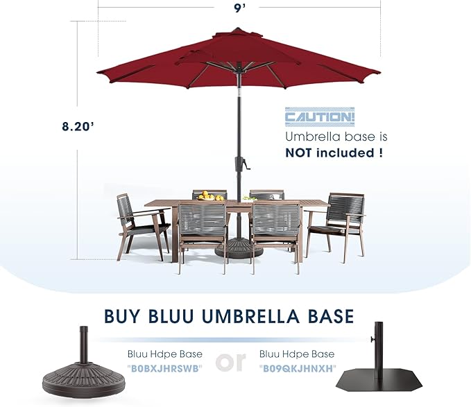 BLUU MAPLE 9FT Olefin Patio Umbrella Outdoor Table Umbrellas, 36 Month Fade Resistance Olefin Canopy, Market Center Umbrellas with 8 Strudy Ribs & Push Button Tilt for Garden, Lawn & Pool, Burgundy red