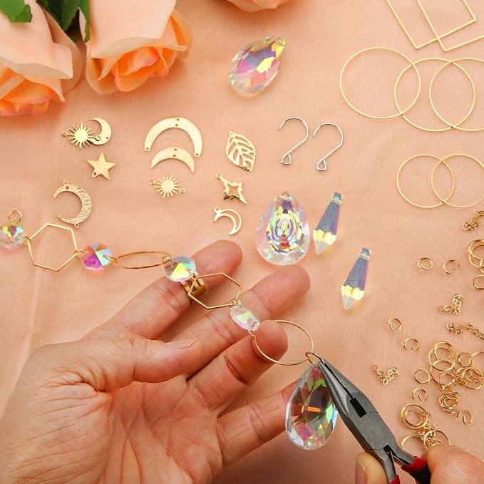 200pcs DIY Sun Catchers Making Kits Craft for Adults Crystal Suncatchers | Stained Glass Window Hanging Prism Indoor Outdoor Garden Xmas Decor with Rainbow Maker Pendants Chains Supplies