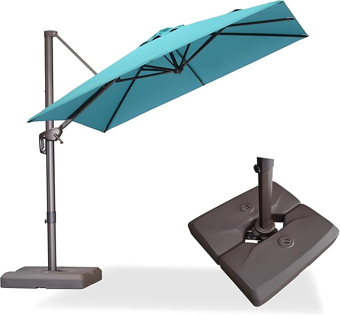 PURPLE LEAF 8' X 8' Cantilever Patio Umbrella with Base Included Antique Bronze Square Umbrella with 360° Rotation and Aluminum Offset Hanging Outdoor Umbrella for Pool Garden Backyard Deck, Turquoise