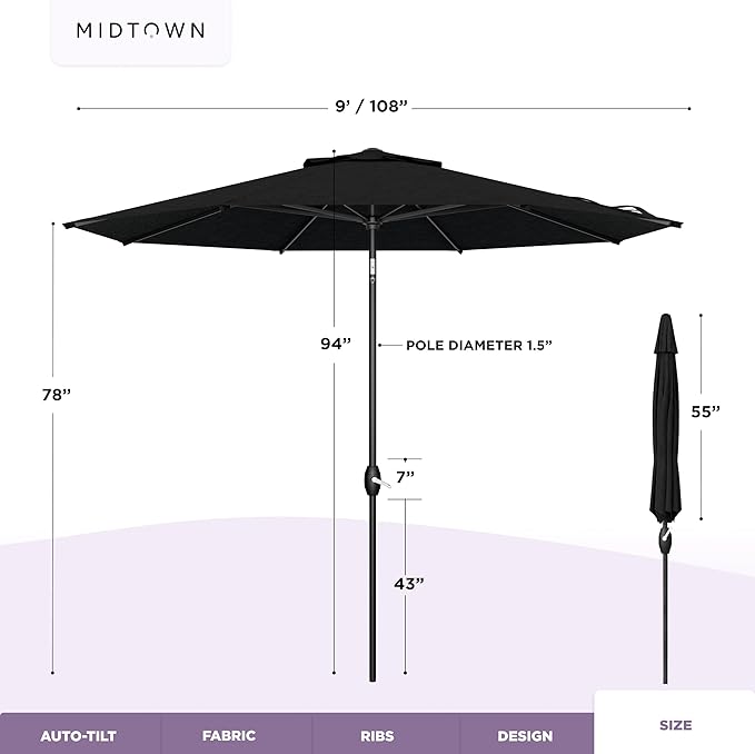 Midtown Umbrellas - The Lean 9 Ft Patio Umbrella with Fade-Resistant Sunbrella Fabric, Auto-Tilt Aluminum Frame and 8 Reinforced Ribs for Deck, Pool & Garden - Spectrum Carbon Canopy, Black Pole