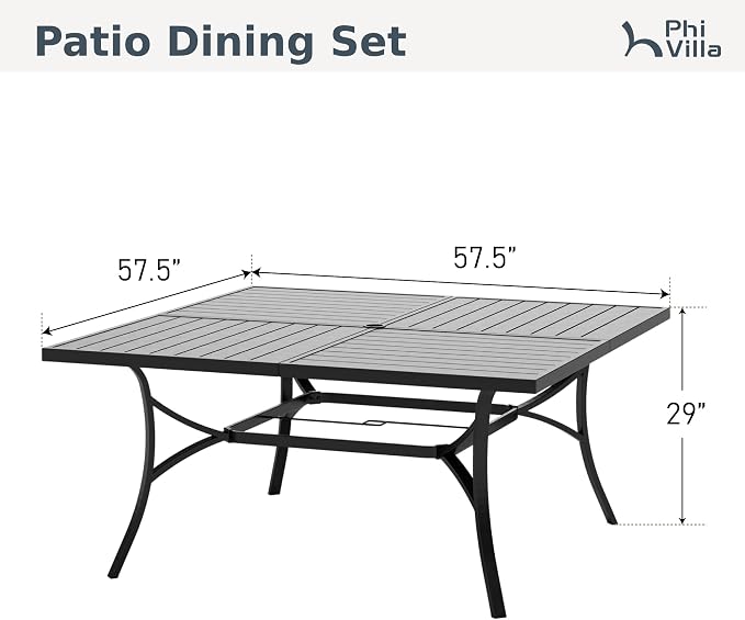 PHI VILLA Square Outdoor Table for 8, Black Metal Table w/Umbrella Hole | 57.5" large wrought iron table. Slatted top design, weather resistant. Perfect for patio, deck, porch, backyard.