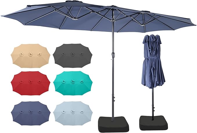 15ft Patio Umbrella with Base, 10-Year-No-Fade Large Outdoor Double-Sided Market Umbrella with UPF50+Terylene Polyester Fabric and Crank for Poolside Garden Deck Backyard Beach Pools