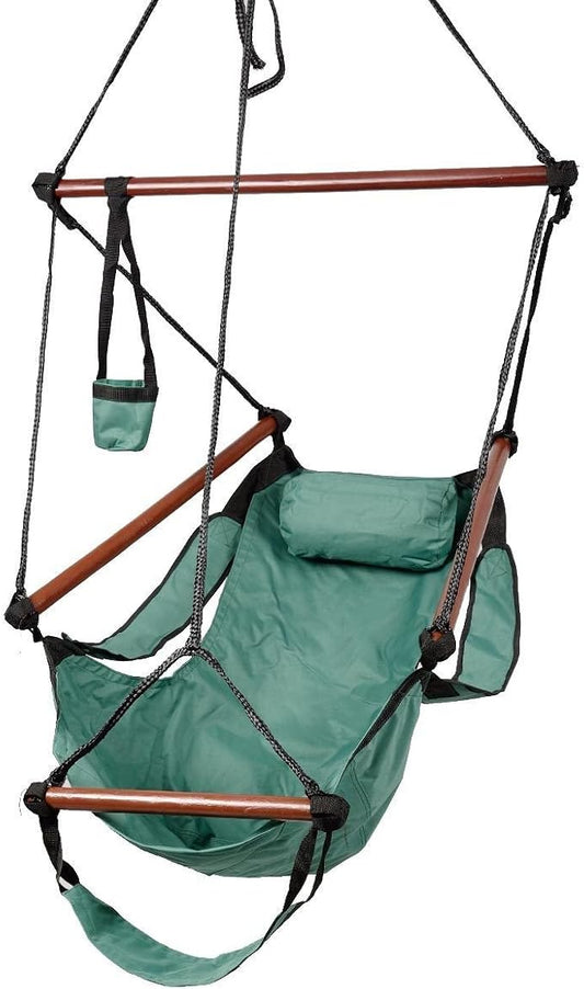 HPD Hammock Hanging Chair Air Deluxe Sky Swing Chair Solid Wood 250lb Outdoor Indoor (Green)