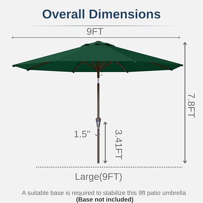 9ft Patio Umbrella with Push Button Tilt and Crank,Outdoor Market Table Umbrella UV Protection 8 Sturdy Ribs for Backyard,Garden,Pool,Deck(Dark Green)