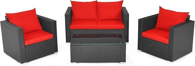 COSTWAY 4-Piece Patio Rattan Furniture Set, Cushioned Sofa Chair, Loveseat and Coffee Table with Tempered Glass Top, Outdoor Conversation Sets for Garden Poolside Balcony Porch (Red)