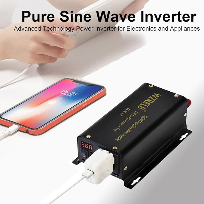 WZRELB 300W Pure Sine Wave Inverter 600W Peak DC 36V to 110V AC Power Converter Off Grid LED Display with Remote Controller