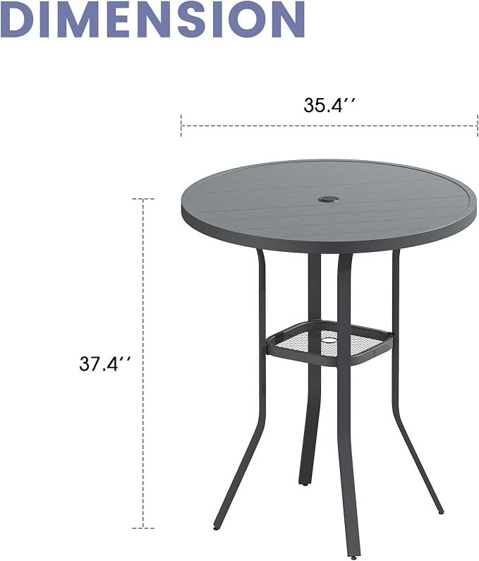 VICLLAX Outdoor Bar Table, 35.4" Wide Round Patio Bar-Height Table Weather Resistant Metal Slatted Tabletop with Umbrella Hole for Front Porch Deck, Backyard, Dark Grey