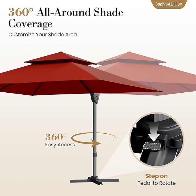 Sophia & William 12ft Cantilever Patio Umbrella with Base, Large Rectangular Umbrellas with 360-degree Rotation, Aluminum Pole for Garden Pool Backyard, Red