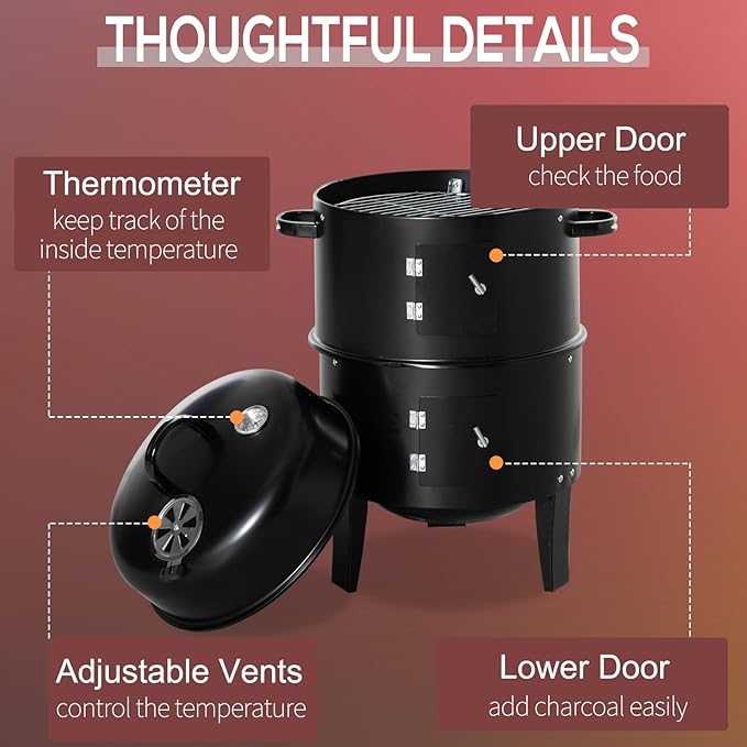 Outsunny Vertical Charcoal BBQ Smoker, 3-in-1 16" Round Charcoal Barbecue Grill with 2 Cooking Area, and Thermometer for Outdoor Camping Picnic Backyard Cooking, Black