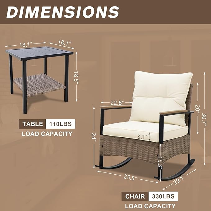 COOS BAY Sunset Haven 3 Piece Outdoor Patio Furniture Set, Rocking Chairs with Side Table, Wicker Patio Bistro Set, Brown/Beige
