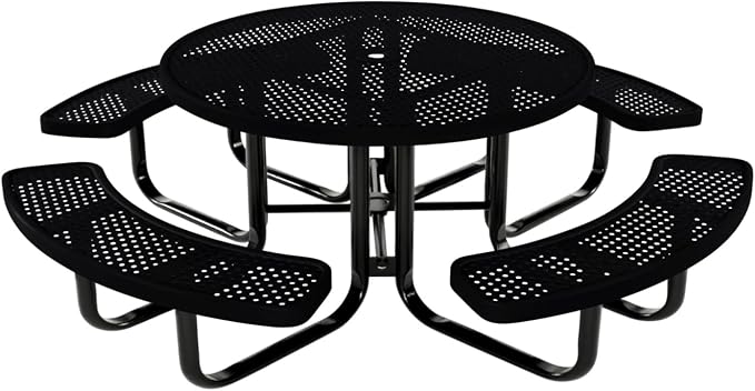 COATEDOUTDOORFURNITURE Heavy-Duty Portable Outdoor Kids Table with Umbrella Hole, Punched Steel Kids Picnic Table, Commercial-Grade, Made in America (46 in, Round, Childrens, Black)