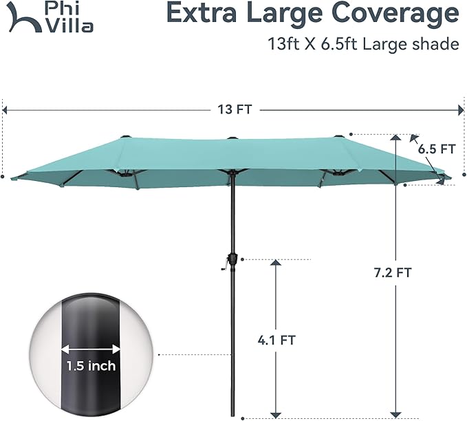 PHI VILLA 13ft Large Patio Umbrellas, Double-Sided Outdoor Market Rectangle Umbrella for Outside, Turquois