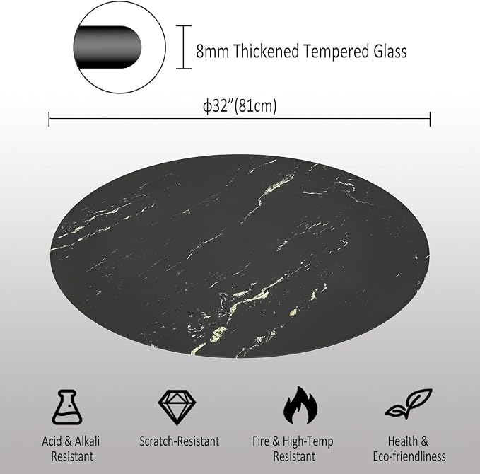 32 Inch Round Black Marble Glass Table Top, 8mm Thick Tempered Glass Tabletop for Dining Tables, Coffee Tables, Patio Tables