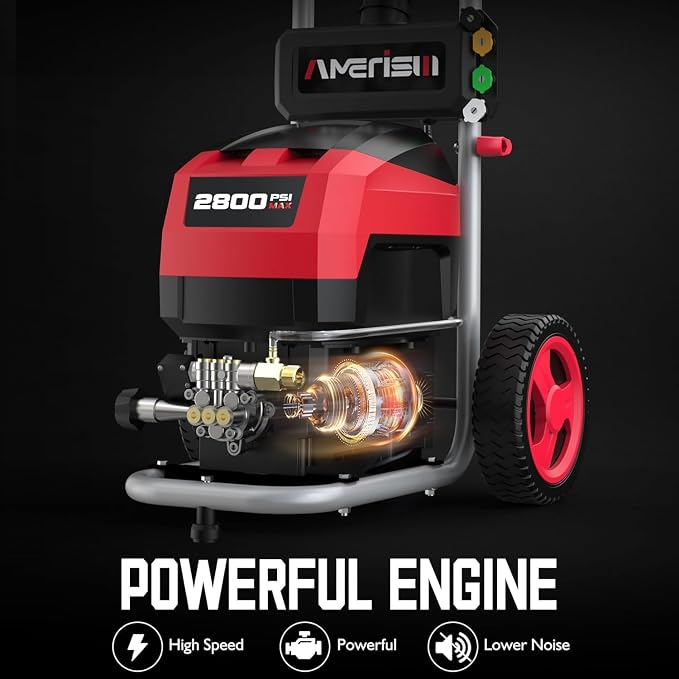 AMERISUN 2800 PSI Pressure Washer, 2.0 GPM Electric Power Washer with Foam Tank, 5 Quick-Connect Nozzles & 8" Wheels, Portable High-Pressure Cleaner for Car, Deck, Fence & Outdoor Use
