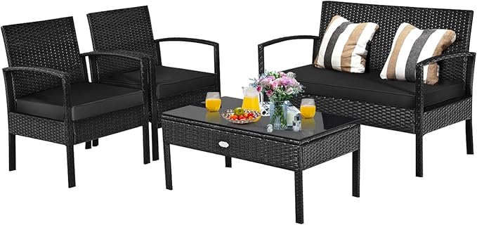 Tangkula 4 Pieces Wicker Patio Conversation Furniture Set, Outdoor Rattan Chair and Table Set, Patio Furniture Sets with Coffee Table & Washable Cushions for Courtyard Balcony Garden