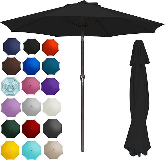 PatioKingdom 9FT Patio Outdoor Umbrella-UPF 50+ Sun Shade with Wind Vent, Push-Button Tilt & Smooth Crank Lift, Rust-Resistant Fiberglass Frame for Garden, Backyard,Yard (Black)