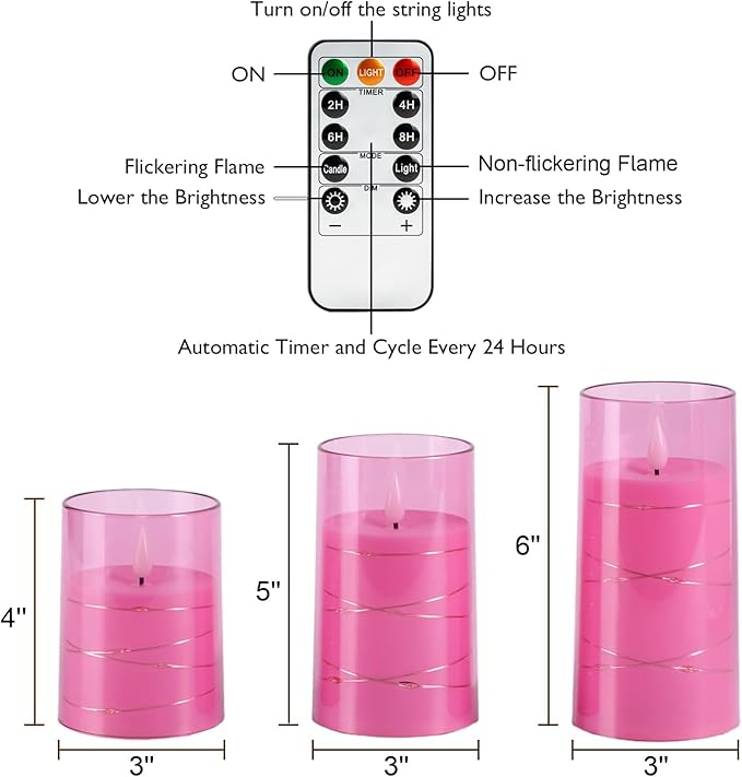 Homemory Flameless Pink Candles with Embedded Star String Fairy Lights, Battery Operated Candles, LED Candle, Fake Candles with Remote Control and Timer, Set of 3(H 4" 5" 6”)