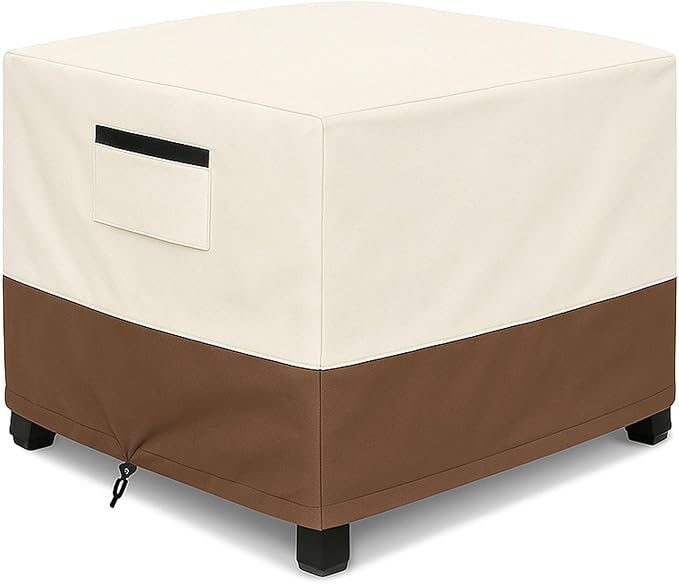 Waterproof Patio Ottoman Cover, Square Outdoor Side Table Furniture Cover with Padded Handles, 600D Heavy Duty Windproof All-Weather Patio Furniture Cover,UV Resistant, 22 x 22 x 18 Inch, Beige&Brown