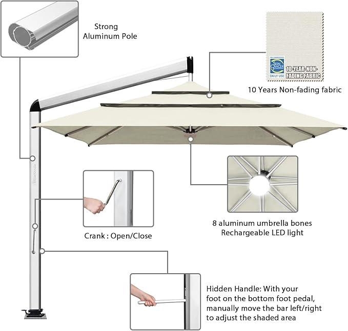 EliteShade USA Atlas 3-Tier 10x10FT Full Aluminum Cantilever Patio Umbrella for Outdoor Restaurant Garden Courtyard Deck Pool and Marketing with Light (No battery), Natural