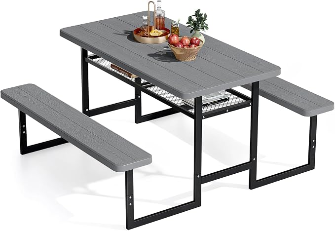 VINGLI Outdoor Picnic Table with Storage Shelf & Umbrella Hole, 4.5FT All Weather Metal Frame HDPE Tabletop Plastic Picnic Table for Dining Party Garden(Grey)
