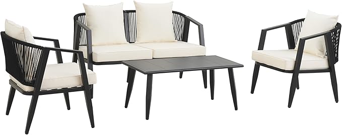 GDFStudio Aoxwe 4 Piece Outdoor Conversation Set, Rope Woven Club Chairs, Woven Open Back Loveseat, Slats Panel Design Coffee Table, Iron Frame Sectional Conversation Set for Poolside, Beige