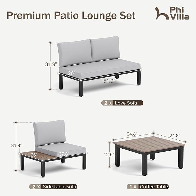 PHI VILLA Outdoor Sectional Furniture Set,5 Pieces Metal Patio Sectional Outdoor Couch Set,Modern Patio Conversation Sets with Coffee Table,Thickened Cushion,for Poolside and Backyard,Light Grey