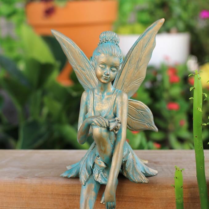 Vintage Bronze Sitting Fairy Statue Outdoor Garden Decor, 7" Tall Resin Angel Figurine Home Shelf Sitter Yard Art Sculpture for Patio Lawn Porch Ornaments