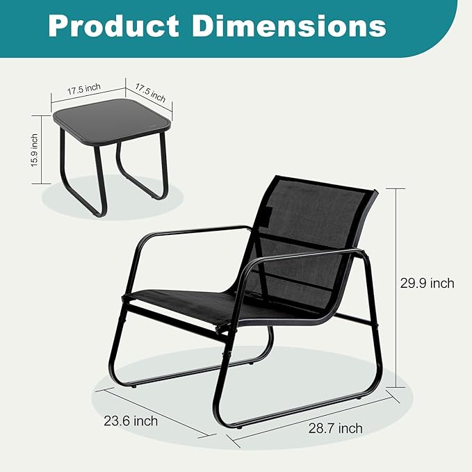 DUMOS 3 Piece Patio Furniture Set，Outdoor Patio Furniture Conversation Set with Table, Patio Sectional Bistro Sets for Lawn, Garden, Balcony, Poolside (Black)