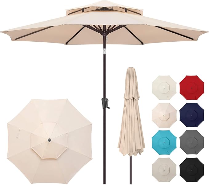 9FT Outdoor Patio Umbrella - 2 Tiers Table Umbrella Waterproof UV Protection, Sombrillas de Patio with Push Button Tilt, Sun Umbrella for Pool, Porch, Garden, Backyard (Beige)