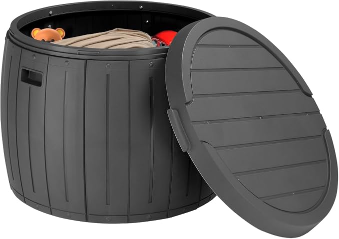 36 Gallon Round Deck Box,Resin Pool Storage Bins,Patio Furniture Outdoor Storage Boxes,Waterproof Garden Utility Tool Box,with Lid & Side Handles,for Outside Indoor Garage Lawn Backyard (Grey)
