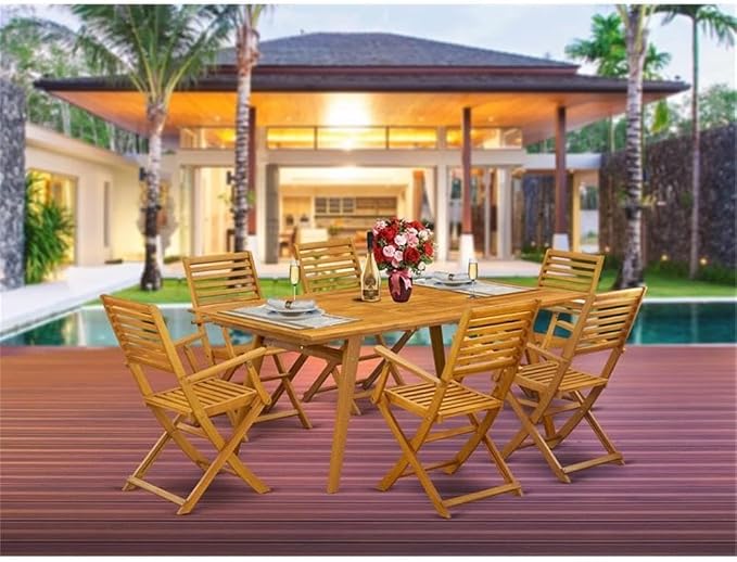 Pemberly Row Traditional 7-Piece Wood Patio Dining Set, Natural Oil Finish, Includes Rectangular Table and 6 Folding Chairs, Rubber Wood Construction, Ladder Back Design, Ideal for Outdoor Seating or