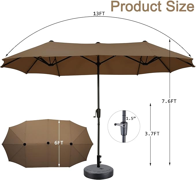 13 ft Patio Umbrella with Base, Large Rectangle Outdoor Umbrella with Matching Stand, Strap, Crank, Coffee