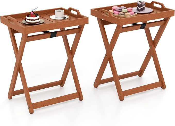 Tangkula Outdoor Wood Tray Table, Patio Portable Side End Table with Removable Serving Tray and Folding Frame, Outside Coffee Bistro Furniture for Porch, Balcony and Garden (2)