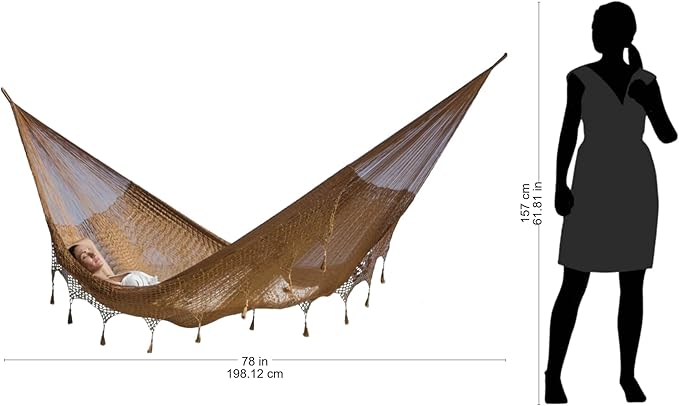 NOVICA Copper Brown Hand Woven Nylon Mayan 2 Person XL Rope Hammock with Crochet Fringe, 'Copper Filigree' (Double)