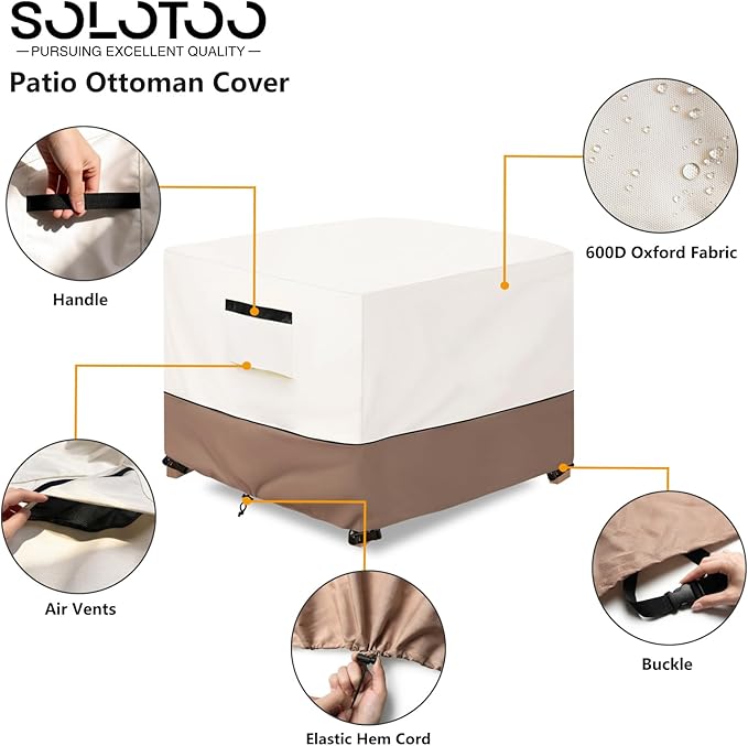 Patio Ottoman Cover Waterproof Heavy Duty Square Outdoor Ottoman Covers, 25W x 25D x 18H Inches Patio Furniture Covering Protector Outdoor Side Table Cover (Beige)
