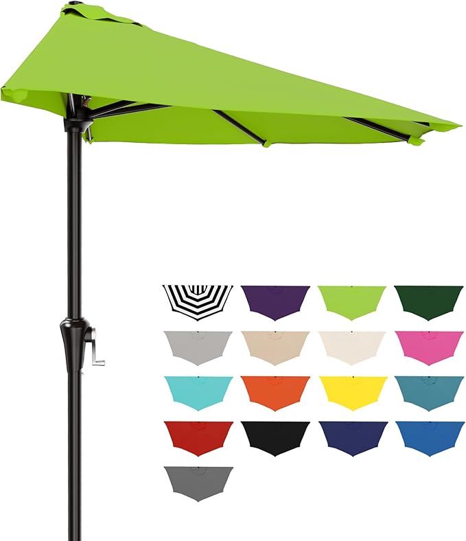 AreShark 9FT Half Patio Umbrella, Outdoor Wall Umbrella with Crank & 5 Sturdy Ribs, Table 1/2 Umbrella Patio for Garden, Deck, Balcony and Pool, Apple Green