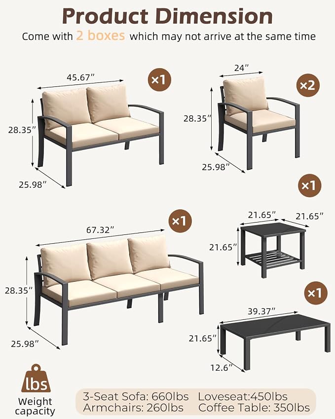 U-MAX Metal Patio Furniture Set with Waterproof Cover, 6 Pieces Outdoor Conversation Set with Coffee Table&Side Table, Outdoor Couch Sofa Modern Setting Set with Beige Cushions for Lawn, Backyard