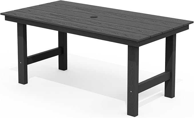 SERWALL 6-Person Outdoor Dining Table - 67" Rectangle HDPE Patio Table with Center Umbrella Hole, Weatherproof, Black