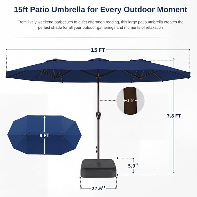 15FT Large Patio Umbrella with Base, Double Sided Rectangular Outdoor Umbrella with Sturdy Fiberglass Ribs, UPF 50+ Sun Protection, Wind-Resistant, Waterproof Fade-Resistant Fabric for Pool, Garden, Backyard, Deck(Navy)