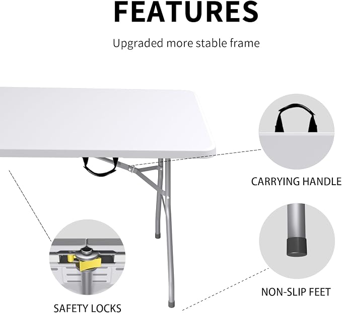Folding Table 6FT, No Assembly Required Outdoor Picnic Table Thickened HDPE Panel, Office Foldable Table with Handle & Lock for Parties Wedding Camping (White, 8 Pack)