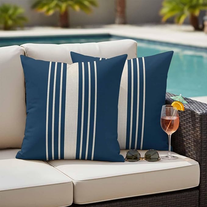 Navy Blue Beige Striped Outdoor Pillow Covers 26x26 Inch Throw Pillow Covers Set of 2 Waterproof Decorative Pillow Cases Modern Farmhouse Retro Lines Cushion Covers for Patio Furniture Garden Couch