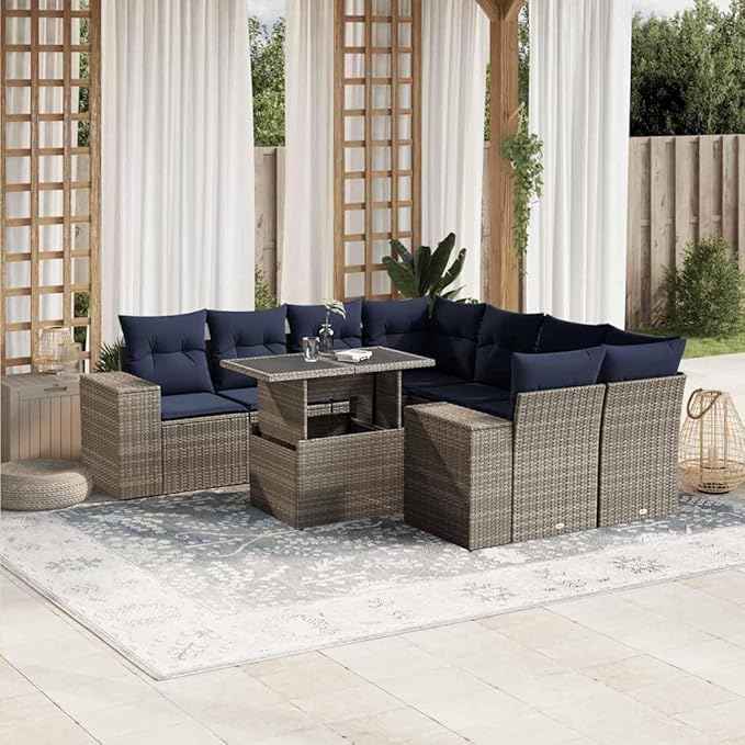 vidaXL Patio Sofa Set with Cushions 9 Piece, Conversation Set with Table and Sectional Sofas, Outdoor Seat for Garden, Modern, Gray Poly Rattan