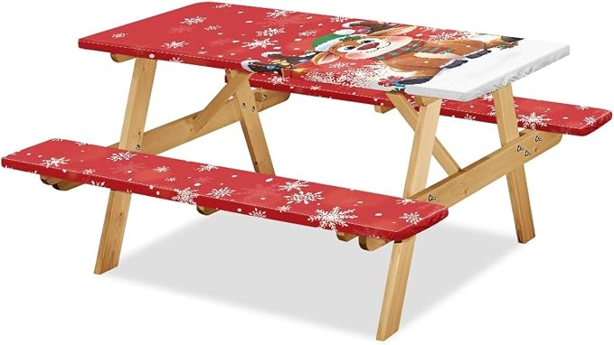 Christmas Reindeer Picnic Table Cover with Bench Covers Elastic Picnic Table Covers Outdoor Table and Chairs Decorative Sets Camping Essentials Suitable for Summer Outdoor Camping
