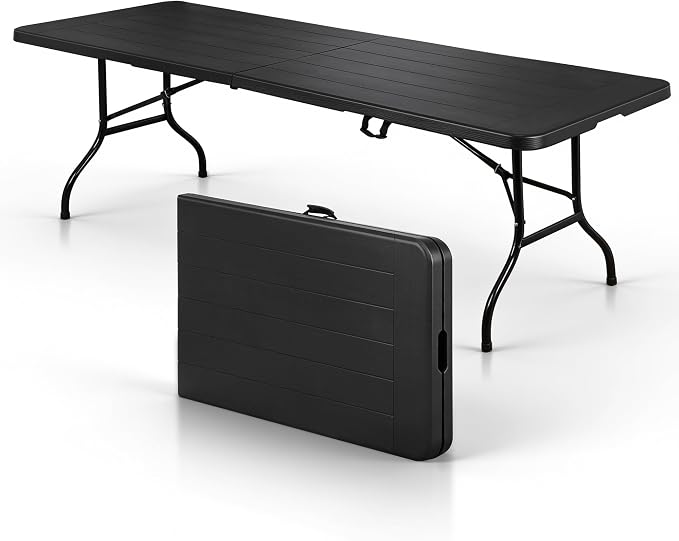 SUPER DEAL 8FT Folding Picnic Table for Indoor Outdoor, Portable Fold-in-Half Plastic Dining Camping Party Table with Carrying Handle, Black