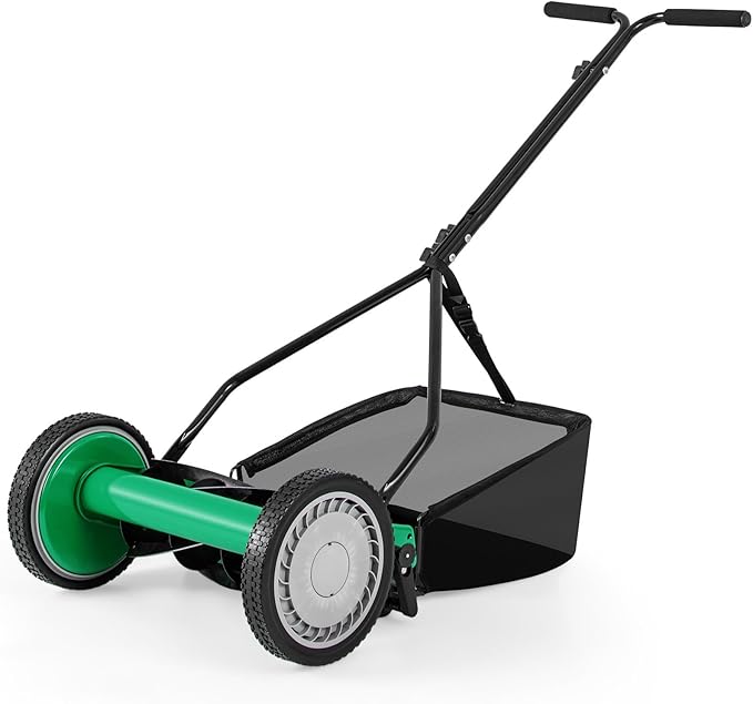 Push Lawn Mower, 14" Manual Rear Mower with 5 Steel Blades, Adjustable Cutting Heights & Grass Catcher Bag, Walk-Behind Grass Cutter Lawn Sweeper for Garden, Park & Yard (Green)