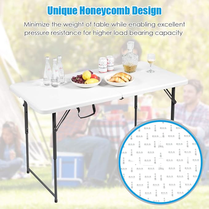 TANGZON 4FT Folding Picnic Table, 3 Adjustable Heights Camping Table with Carry Handle, Indoor Outdoor Dining Table for BBQ Catering Buffet Party, 150KG Capacity (Black Feet, 122 x 61 x 46/60/74cm)