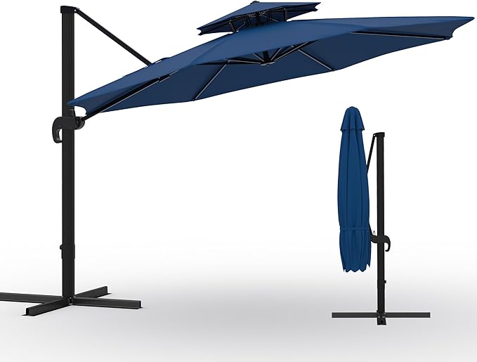 10x10 ft Round Outdoor Umbrella, Cantilever Patio Umbrella with 360° Rotation & Adjustable Height, Heavy Duty Aluminum Umbrella Outdoor Patio for Garden Poolside,Navy Blue (Base Not Included)