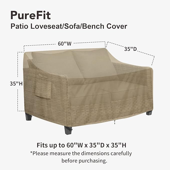 PureFit Outdoor Couch Cover Waterproof Patio Sofa Furniture Covers, 2-Seater Outdoor Loveseat Cover with Air Vent and Handles, 60W x 35D x 35H Inches, Camel